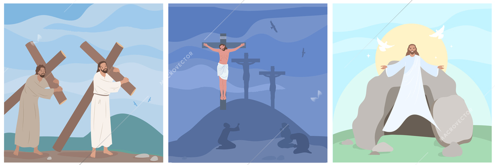 Jesus christ crucifixion resurrection way to golgotha flat set isolated vector illustration