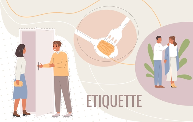 Etiquette rules composition with collage of flat icons and doodle human characters of gentleman and lady vector illustration