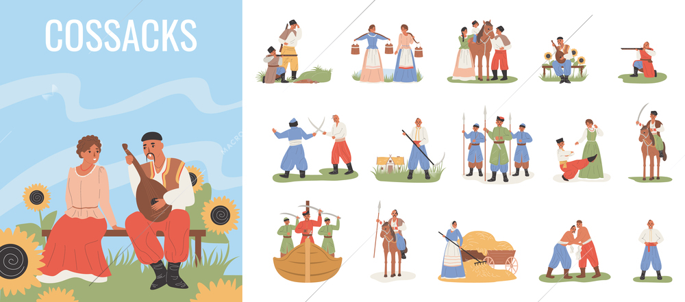 Cossacks flat icons set with people in traditional ukranian costumes vector illustration