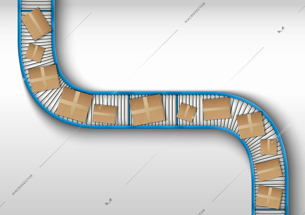 Conveyor realistic composition with cardboard boxes on moving automated belt vector illustration