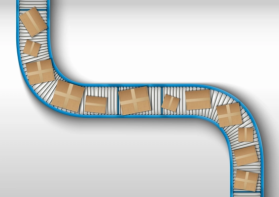 Conveyor realistic composition with cardboard boxes on moving automated belt vector illustration