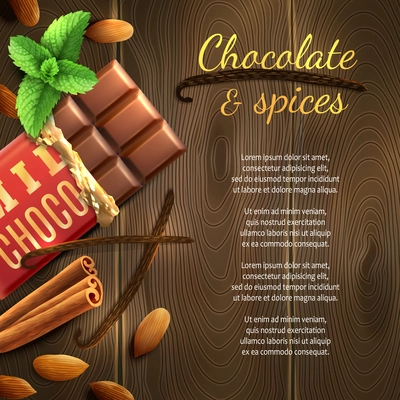 Realistic chocolate bar with nuts and spices on wooden background vector illustration