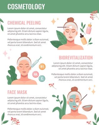 Cosmetology procedures cartoon infographics set with spa skincare treatment vector illustration