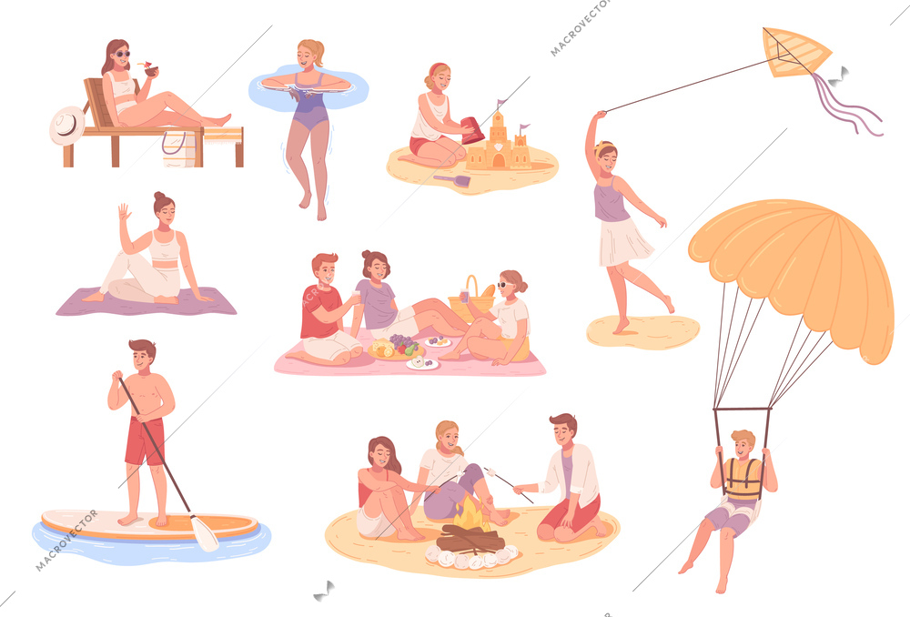 Beach activities flat icons set with summer rest seashore scenes isolated vector illustration