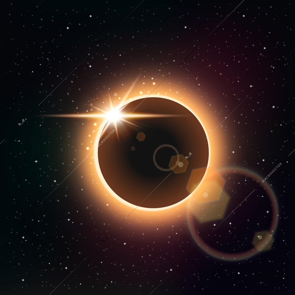 Eclipse realistic composition with sun flare and galaxy on background vector illustration