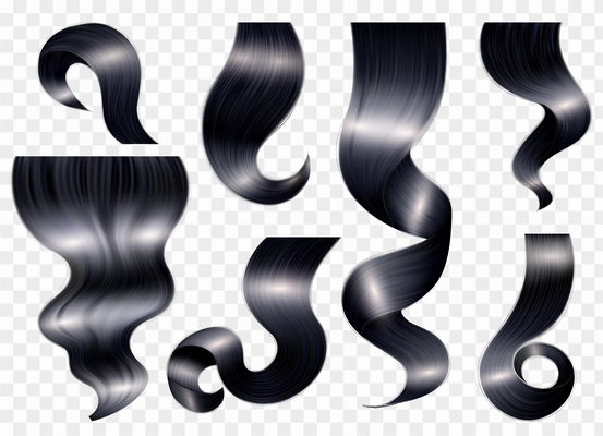 Realistic female hair brunette set of isolated black ringlets with spots of light on transparent background vector illustration