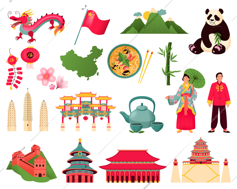 China flat icons set with people in traditional dress and national symbols isolated vector illustration