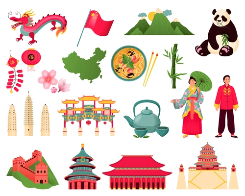 China flat icons set with people in traditional dress and national symbols isolated vector illustration