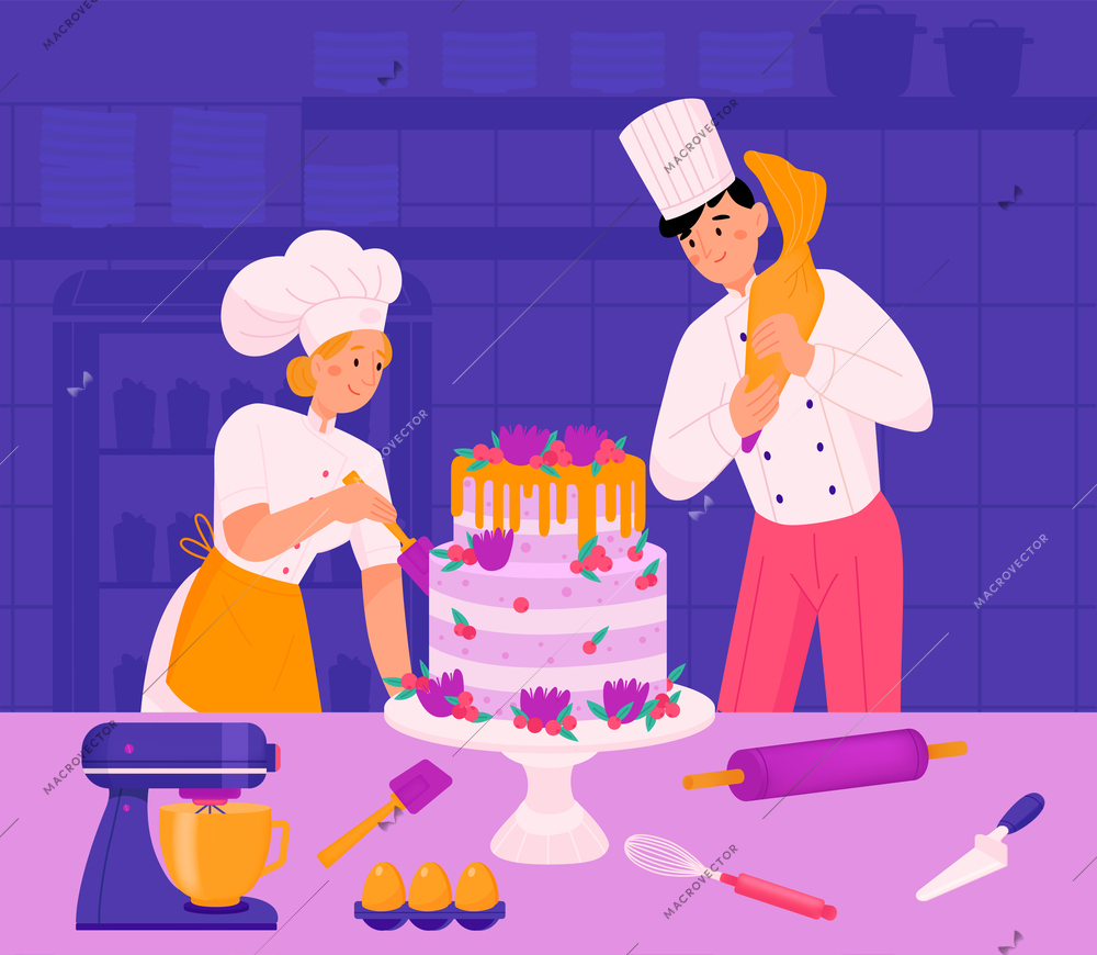 Confectioner chef composition with male and female characters of cooks just prepared big wedding cake together vector illustration