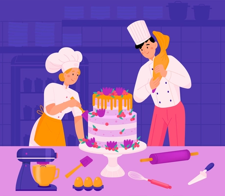 Confectioner chef composition with male and female characters of cooks just prepared big wedding cake together vector illustration