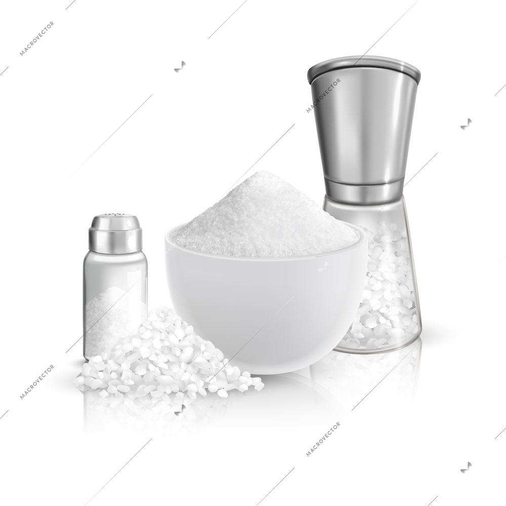 Realistic salt composition with blank background and images of plate with coarse and fine salt cellars vector illustration