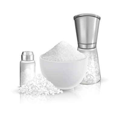 Realistic salt composition with blank background and images of plate with coarse and fine salt cellars vector illustration