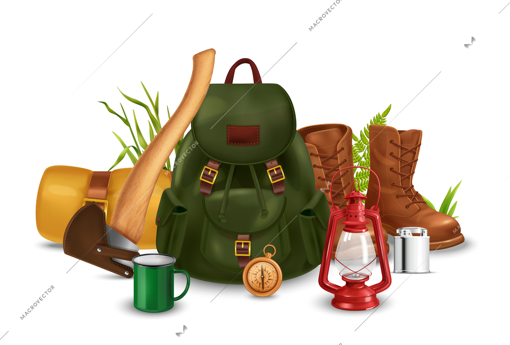 Realistic vintage camping composition with backpack roll mat cup compass and leather shoes standing on grass vector illustration