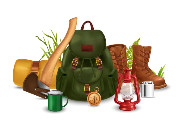 Realistic vintage camping composition with backpack roll mat cup compass and leather shoes standing on grass vector illustration