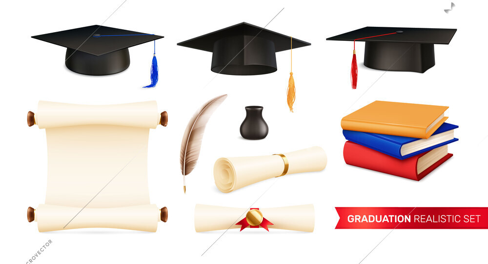 Graduation realistic set with isolated icons of academic hats with diploma parchments quill and books stack vector illustration