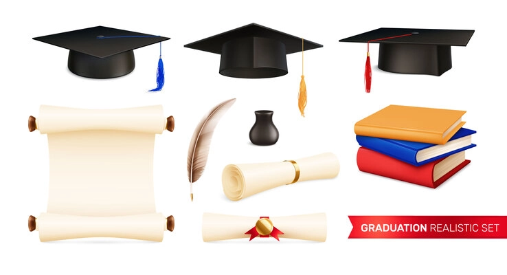 Graduation realistic set with isolated icons of academic hats with diploma parchments quill and books stack vector illustration