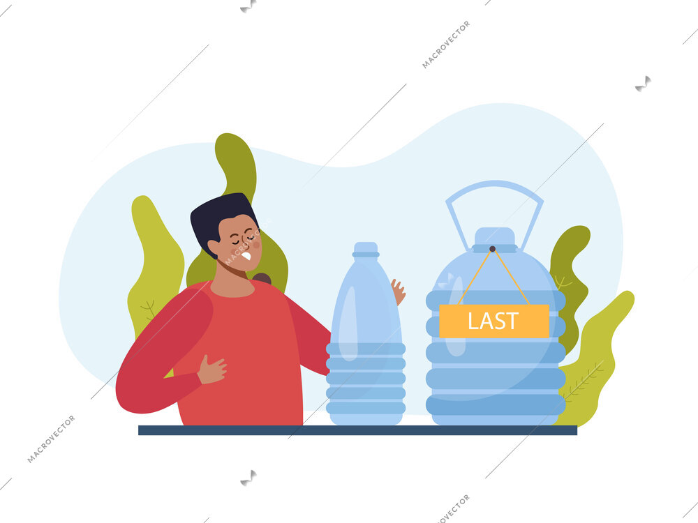 Shortage of goods flat background with doodle male character with plastic bottles of water becoming empty vector illustration