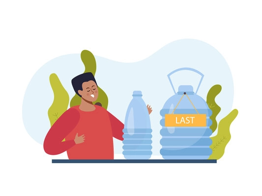 Shortage of goods flat background with doodle male character with plastic bottles of water becoming empty vector illustration