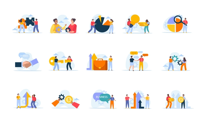 Business merger concept set of flat compositions with conceptual icons and human characters on blank background vector illustration