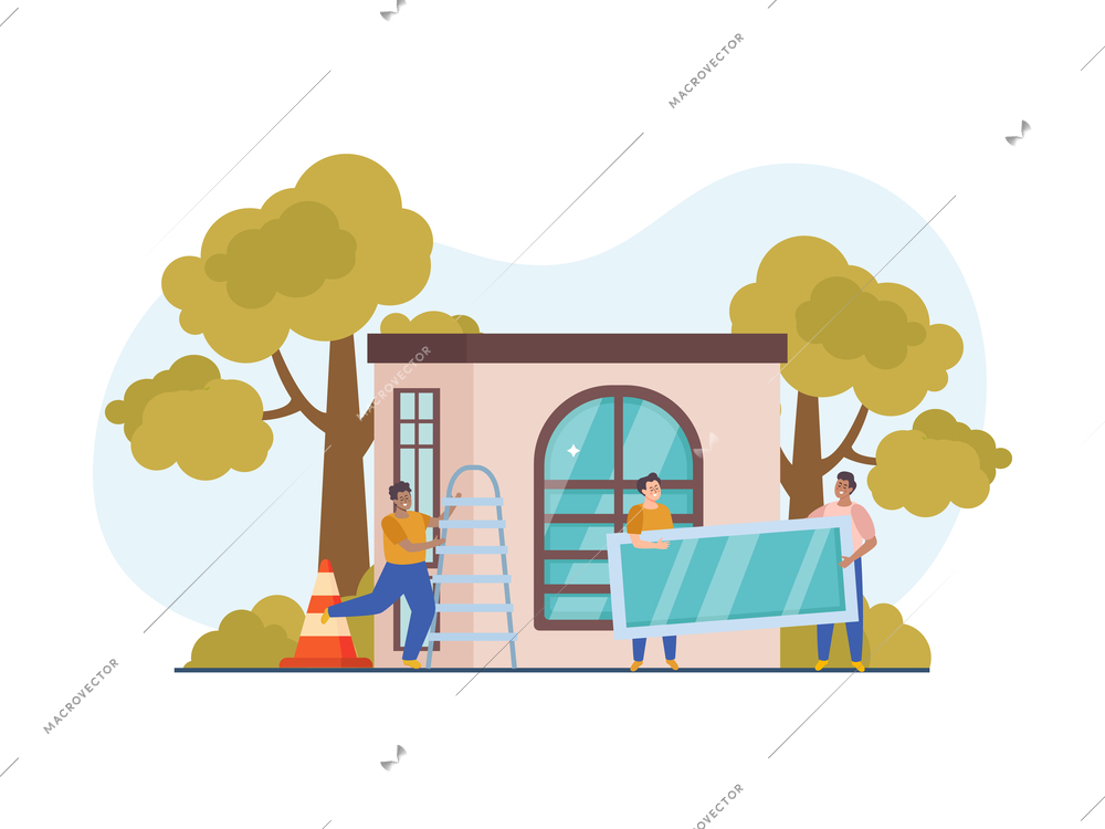 Plastic windows flat background composition with view of small outdoor house and team of renovating workers vector illustration