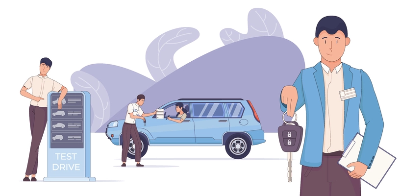 Test drive car flat composition with doodle style character of automobile showroom worker driver and car vector illustration