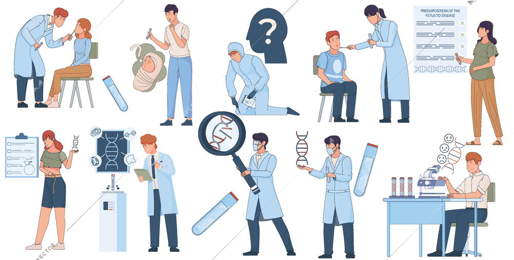 Genetic test people flat set of isolated icons with doodle human characters of scientists with dna vector illustration