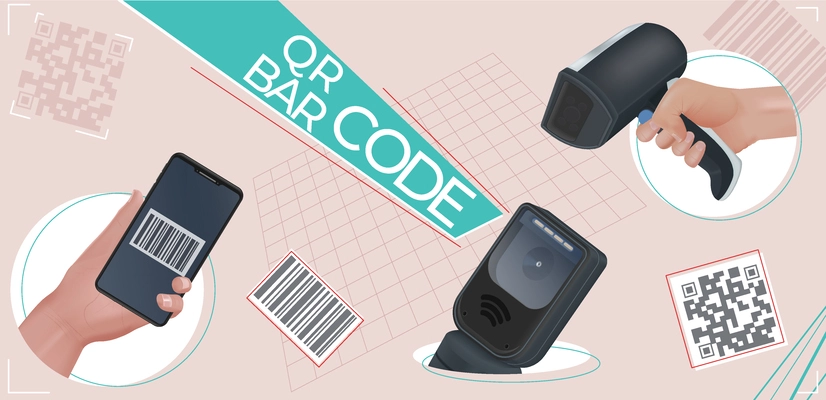 Scan codes composition with collage of realistic human hands holding scanners icons with qr and barcode vector illustration