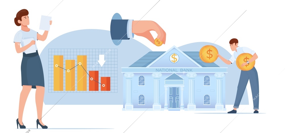 Budget country government flat composition with isolated view of bank building with coins graphs and people vector illustration