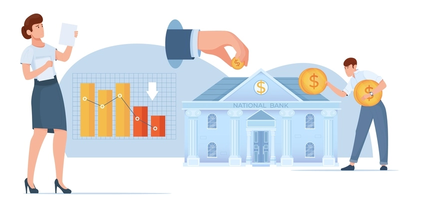 Budget country government flat composition with isolated view of bank building with coins graphs and people vector illustration