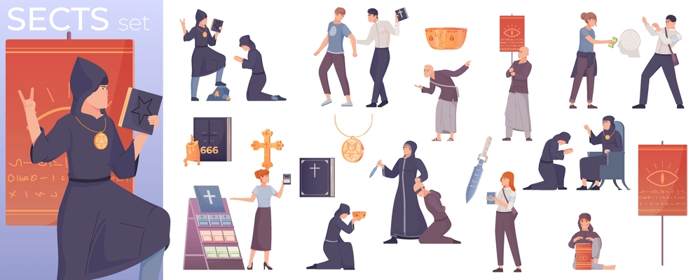 Sect cult set of flat isolated compositions with icons of religious symbols objects and human characters vector illustration