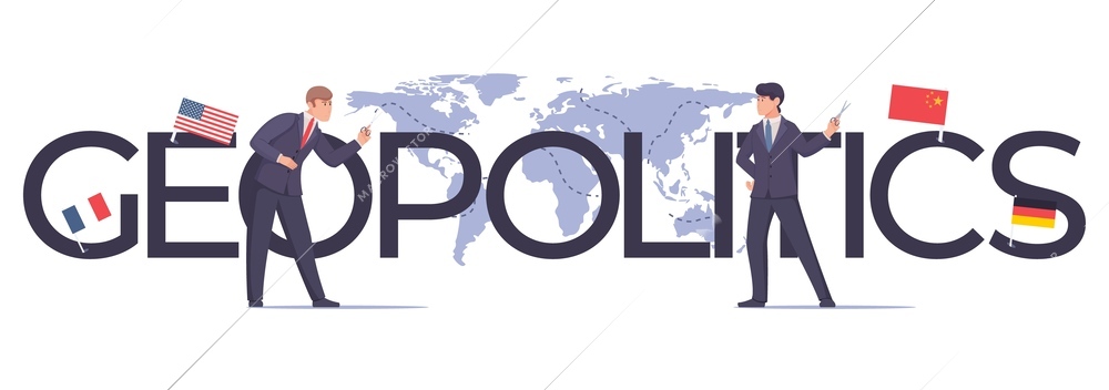 Geopolitics global politic composition with flat text world map and country flags with officials human characters vector illustration