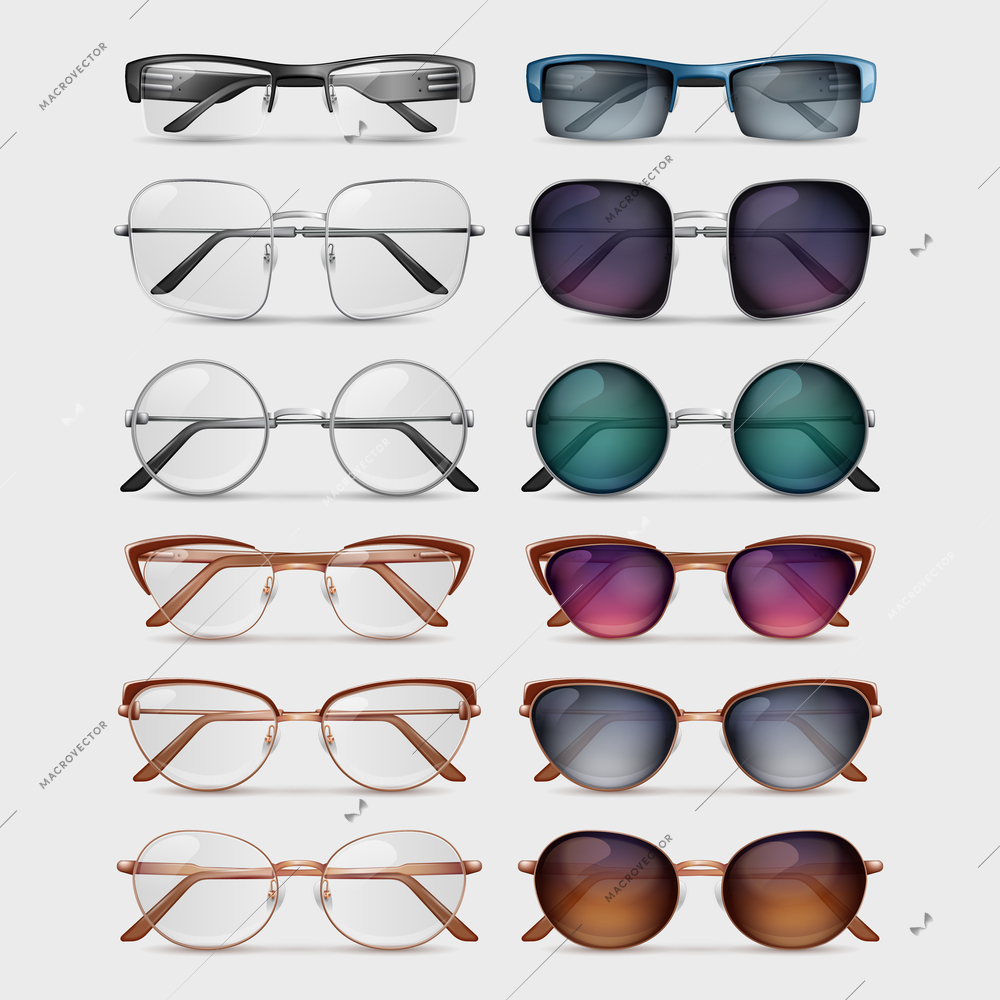 Glasses and colorful sunglasses with various frames realistic set isolated on grey background vector illustration