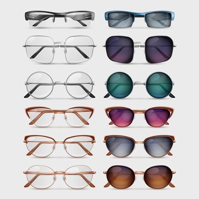 Glasses and colorful sunglasses with various frames realistic set isolated on grey background vector illustration