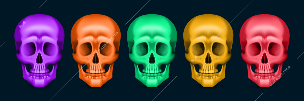 Human skulls of different color front view realistic set isolated on black background vector illustration