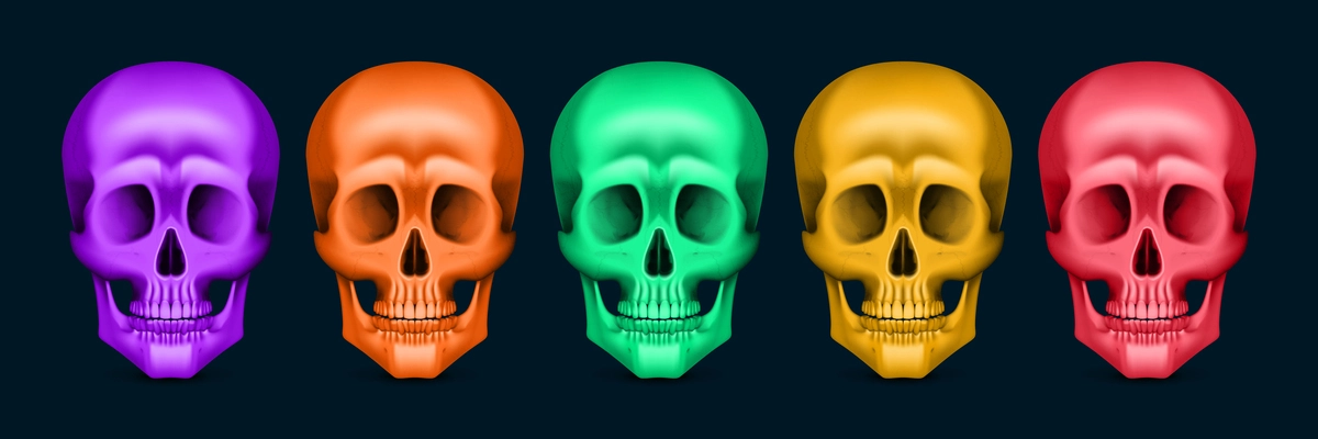 Human skulls of different color front view realistic set isolated on black background vector illustration