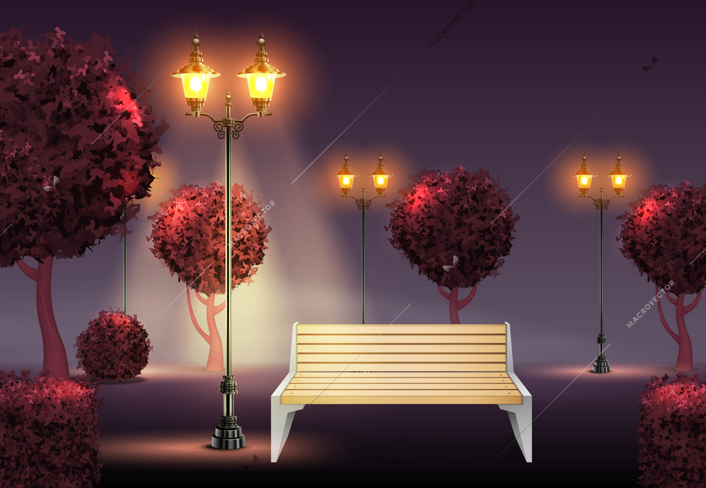 Vintage lanterns glowing at night in city park near empty wooden bench realistic vector illustration