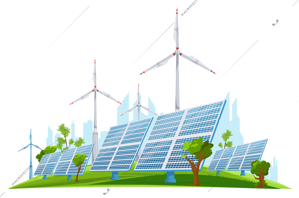 Ecology green energy realistic concept with wind turbines and solar panels in background with cityscape silhouette vector illustration