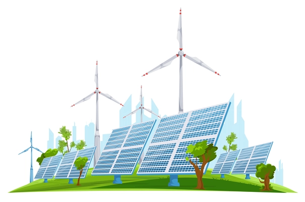 Ecology green energy realistic concept with wind turbines and solar panels in background with cityscape silhouette vector illustration