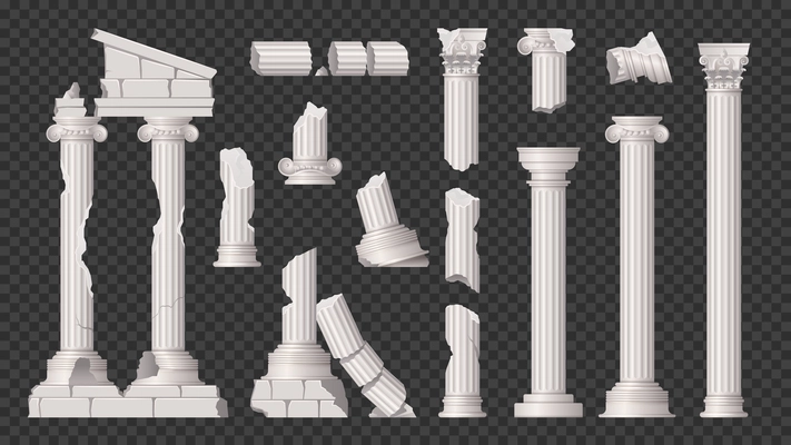 Ancient ruins damaged white marble columns realistic set transparent background isolated vector illustration