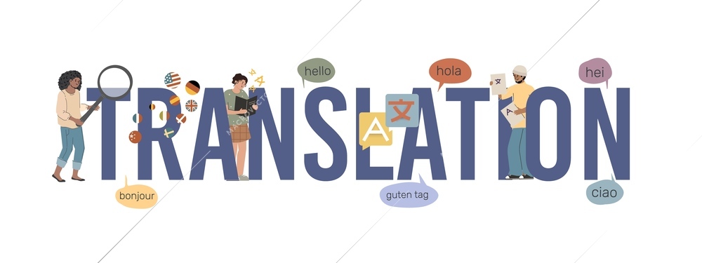 Translation service composition of flat text surrounded by doodle human characters with thought bubbles foreign languages vector illustration