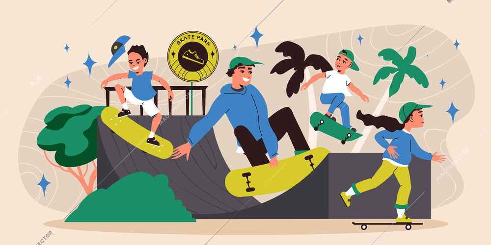 Skater flat concept with teenagers riding longboards on ramp vector illustration