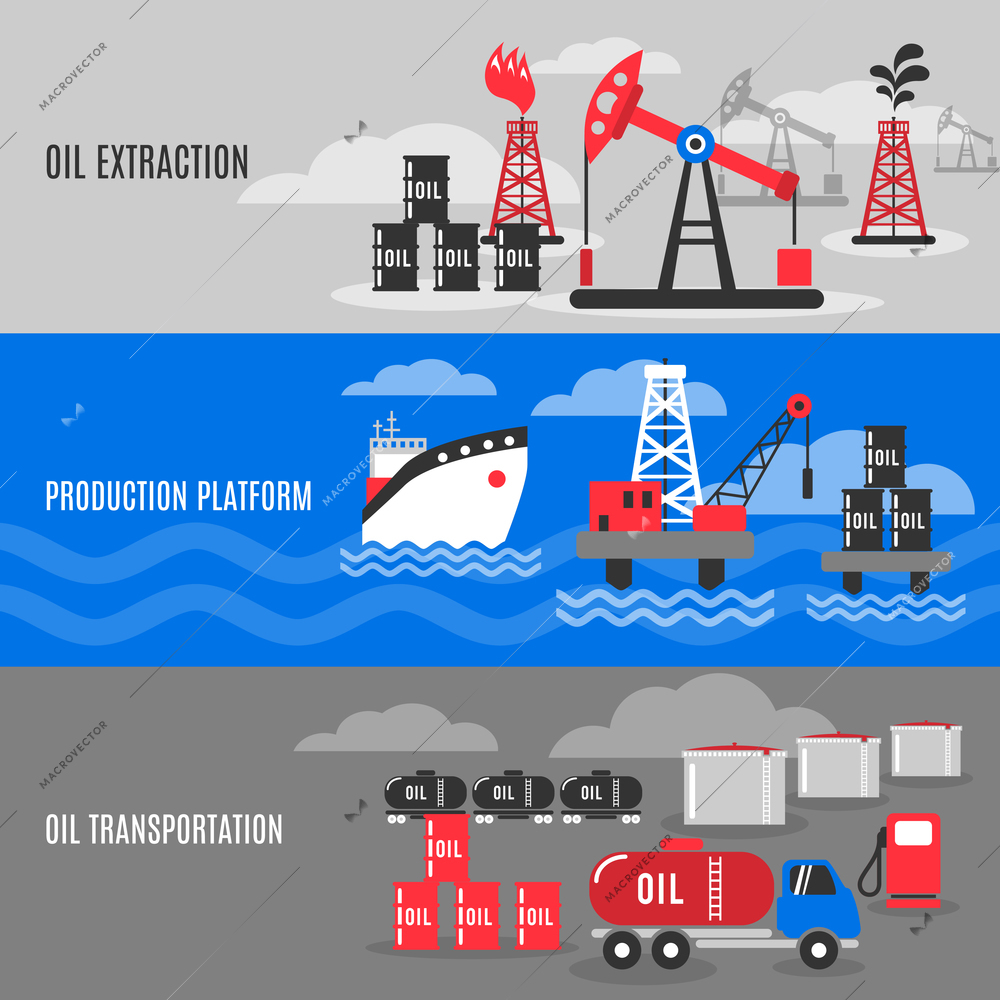 Petroleum horizontal banner set with oil extraction transportation and production platform elements isolated vector illustration