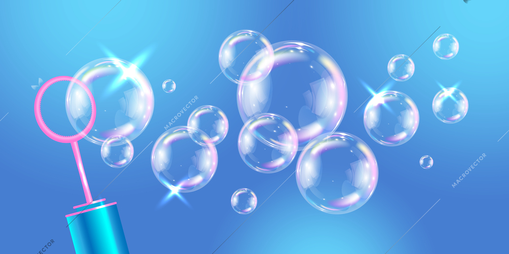 Realistic soap foam bubbles composition on blue background vector illustration