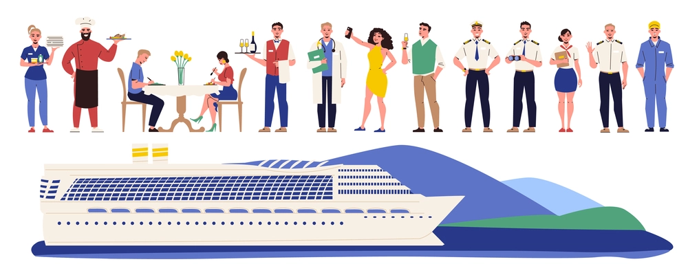 Ship sailor flat icons set with cruise yacht crew members isolated vector illustration