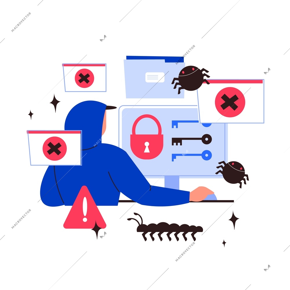 Cyber crime flat concept with hacker in front of computer screen vector illustration