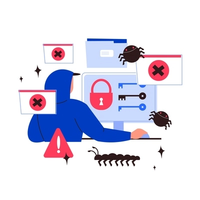 Cyber crime flat concept with hacker in front of computer screen vector illustration