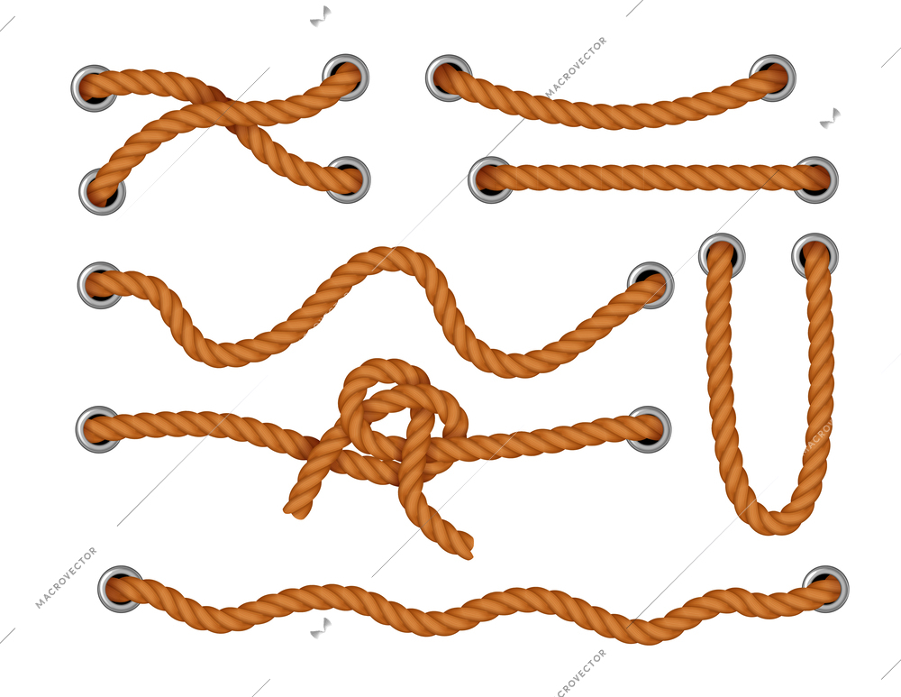 Natural jute or silk cords threaded through metal holes  realistic collection isolated at white background vector illustration