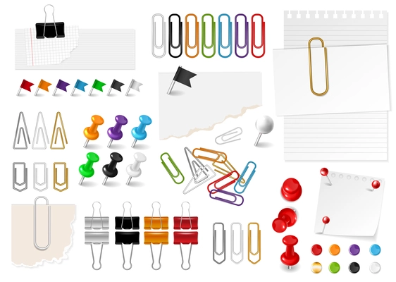 Realistic office paperclip set with isolated icons of stationery clips and push pins on blank background vector illustration