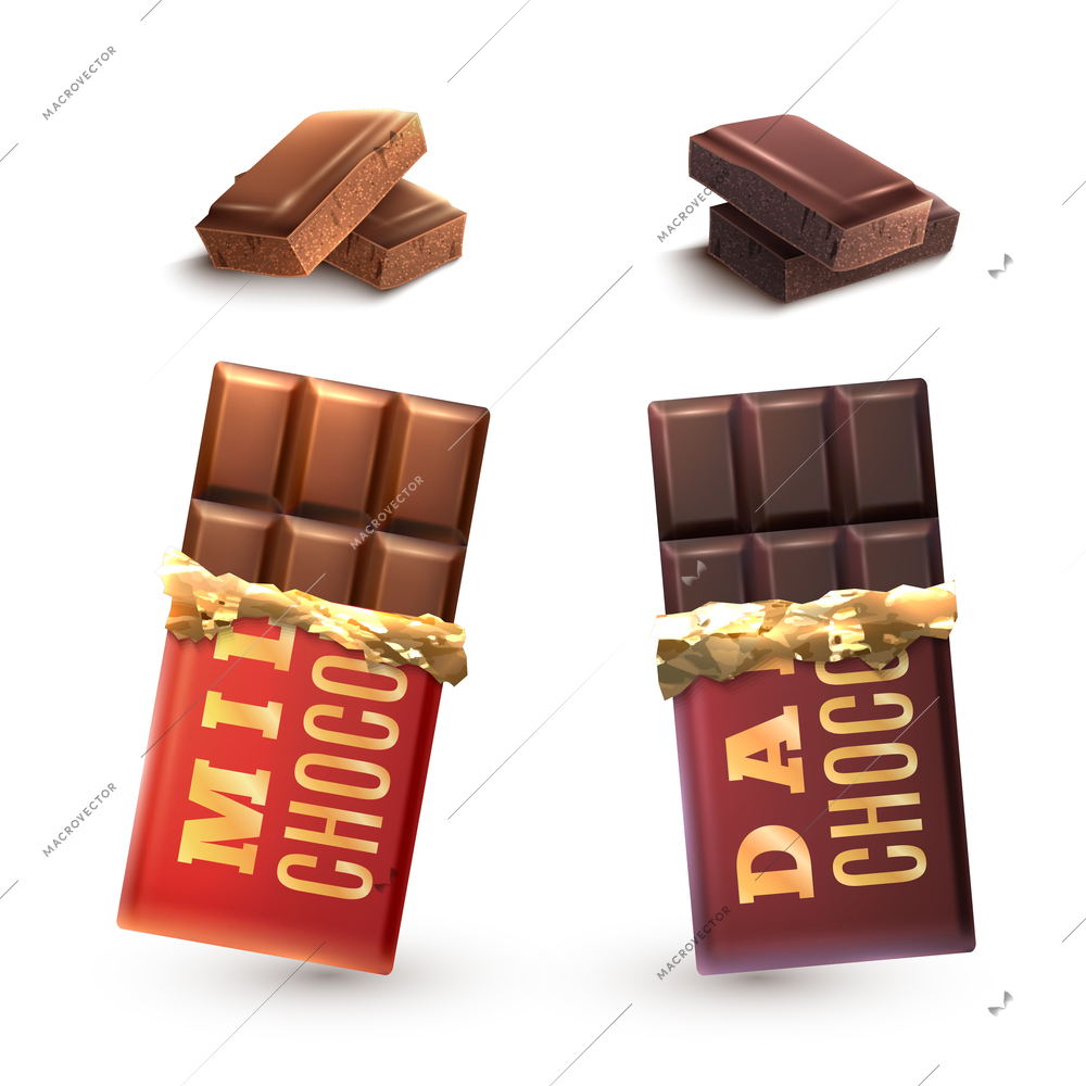 Milk and dark chocolate bars set and isolated pieces vector illustration