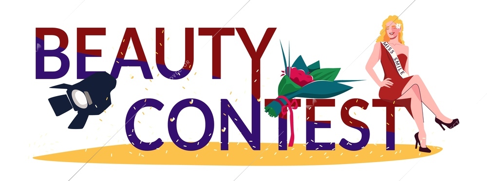 Beauty contest flat text composition big letters and woman with miss smile ribbon sits on one of the letters in the red dress vector illustration